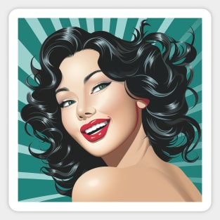 Illustration - Bright Vector Art with a Beautiful Brunette Girl, Red Lipstick, Retro Background, and Radiant Rays Sticker